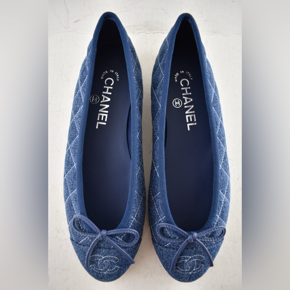 Chanel 26P Washed Denim Blue Quilted CC Logo Bow Tie Ballet Ballerina Flat 37.5 - Picture 12 of 16